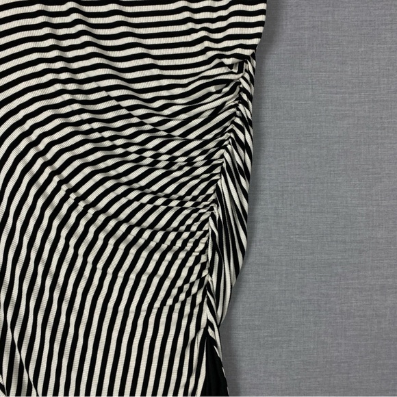 Torrid Tea Length Dress Black and White Striped with Side Ruching - Picture 2 of 10